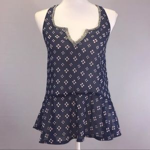 Navy blue floral beaded sheer v Neck top blouse
